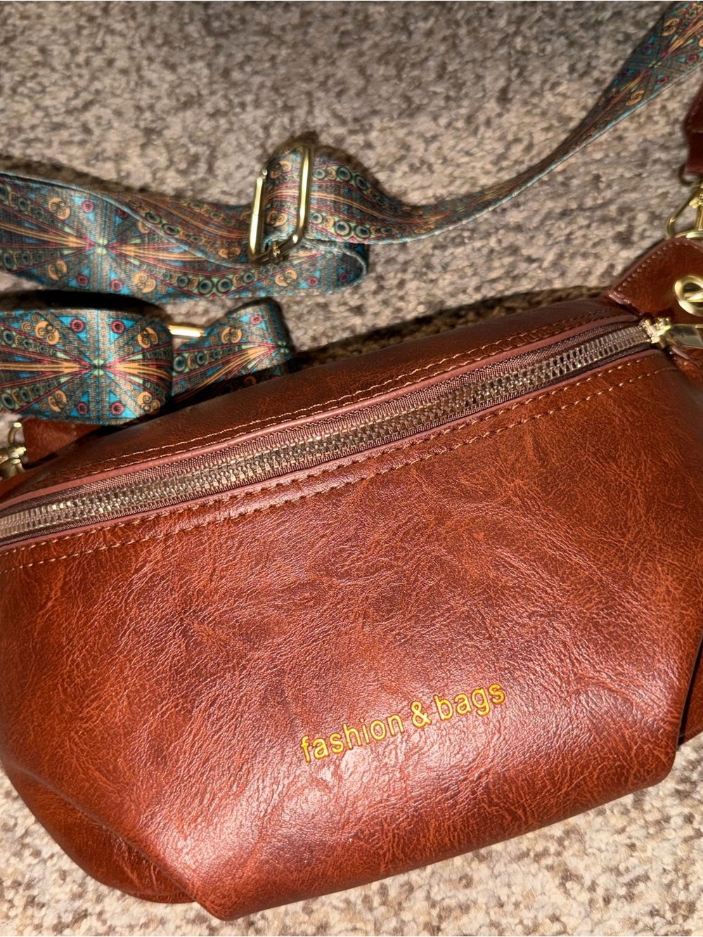 Brown Leather Crossbody Belt Bag with Patterned Strap